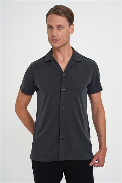 Slim Fit Apaş Yaka Modal Karışımlı Kısa Kollu İndigo Gömlek G 1590