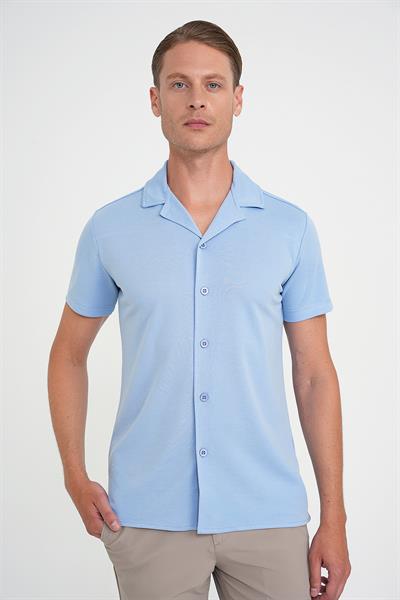 Slim Fit Apaş Yaka Modal Karışımlı Kısa Kollu Mavi Gömlek G 1590
