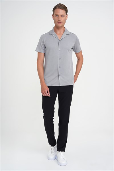 Slim Fit Apaş Yaka Modal Karışımlı Kısa Kollu Gri Gömlek G 1590