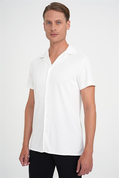 Slim Fit Apaş Yaka Modal Karışımlı Kısa Kollu Beyaz Gömlek G 1590