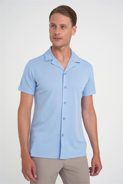 Slim Fit Apaş Yaka Modal Karışımlı Kısa Kollu Mavi Gömlek G 1590