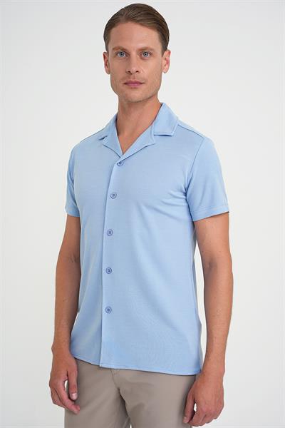 Slim Fit Apaş Yaka Modal Karışımlı Kısa Kollu Mavi Gömlek G 1590