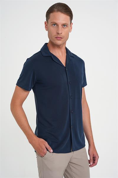 Slim Fit Apaş Yaka Modal Karışımlı Kısa Kollu Lacivert Gömlek G 1590