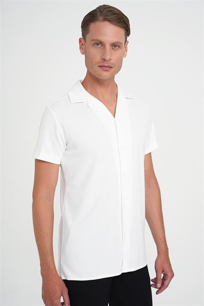 Slim Fit Apaş Yaka Modal Karışımlı Kısa Kollu Beyaz Gömlek G 1590