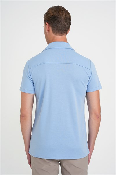 Slim Fit Apaş Yaka Modal Karışımlı Kısa Kollu Mavi Gömlek G 1590