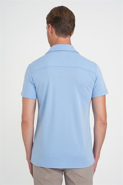 Slim Fit Apaş Yaka Modal Karışımlı Kısa Kollu Mavi Gömlek G 1590