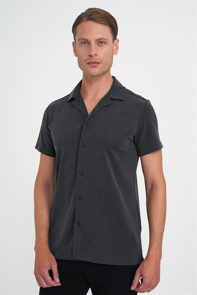 Slim Fit Apaş Yaka Modal Karışımlı Kısa Kol İndigo Gömlek G 1590