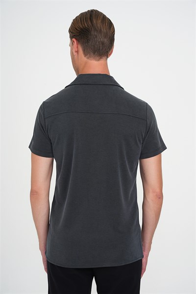 Slim Fit Apaş Yaka Modal Karışımlı Kısa Kollu İndigo Gömlek G 1590