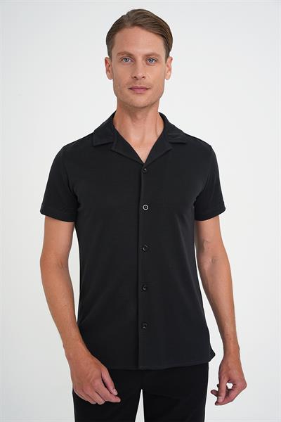 Slim Fit Apaş Yaka Modal Karışımlı Kısa Kol Siyah Gömlek G 1590