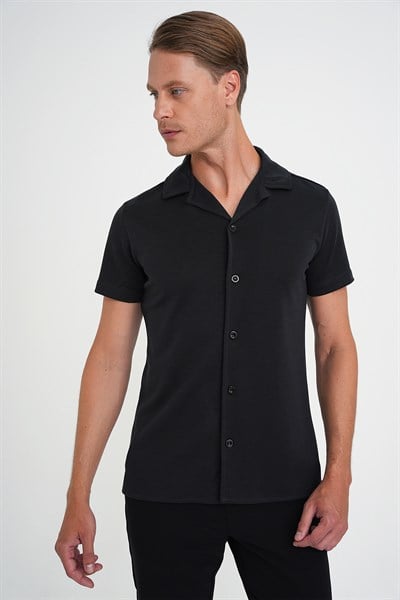 Slim Fit Apaş Yaka Modal Karışımlı Kısa Kollu Siyah Gömlek G 1590