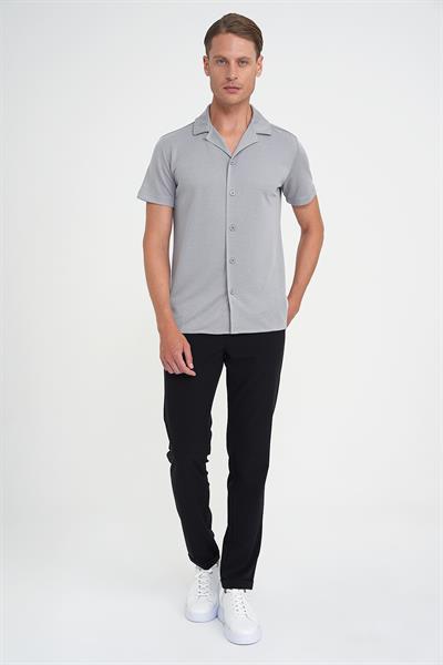 Slim Fit Apaş Yaka Modal Karışımlı Kısa Kollu Gri Gömlek G 1590