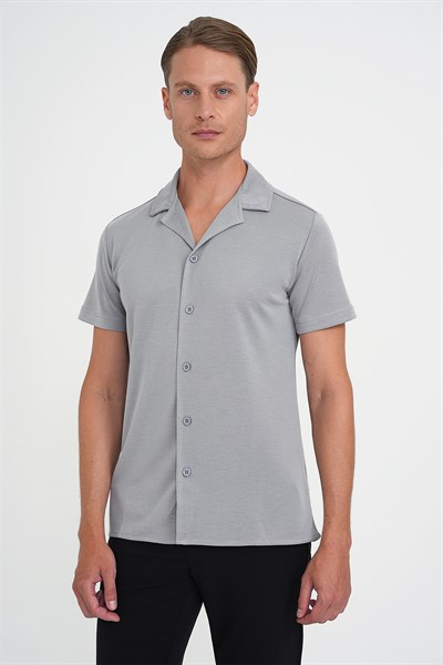Slim Fit Apaş Yaka Modal Karışımlı Kısa Kollu Gri Gömlek G 1590