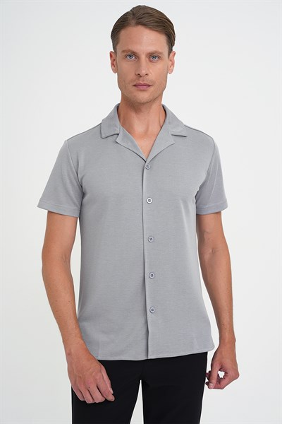 Slim Fit Apaş Yaka Modal Karışımlı Kısa Kollu Gri Gömlek G 1590