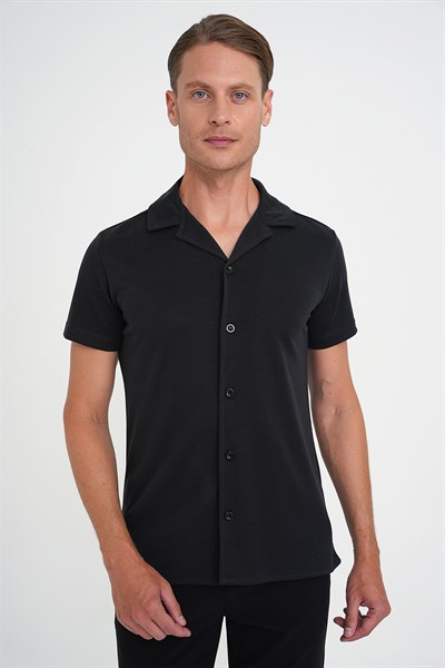 Slim Fit Apaş Yaka Modal Karışımlı Kısa Kollu Siyah Gömlek G 1590
