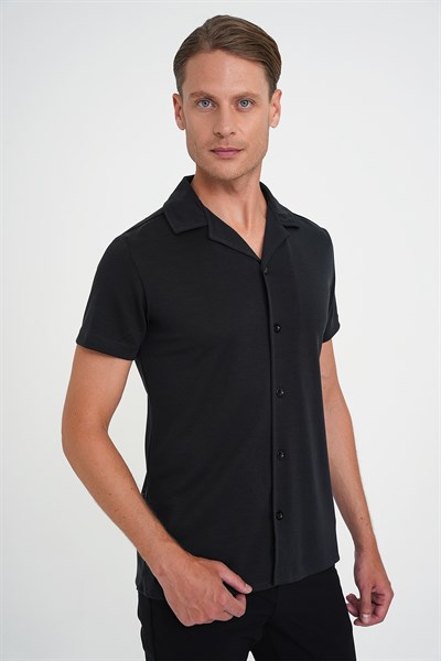 Slim Fit Apaş Yaka Modal Karışımlı Kısa Kollu Siyah Gömlek G 1590
