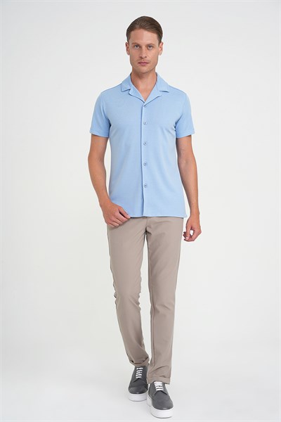 Slim Fit Apaş Yaka Modal Karışımlı Kısa Kollu Mavi Gömlek G 1590