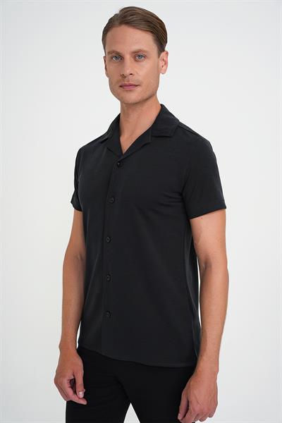 Slim Fit Apaş Yaka Modal Karışımlı Kısa Kol Siyah Gömlek G 1590