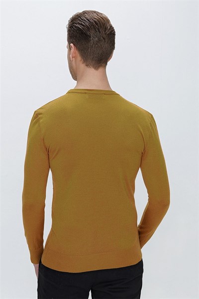 Slim Fit Baklava Desenli Camel Yünlü Bisiklet Yaka Triko Kazak TR 837