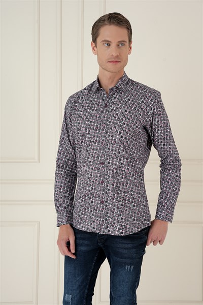 Slim Fit Baskılı %100 Pamuk Spor Gri Gömlek  G 1586