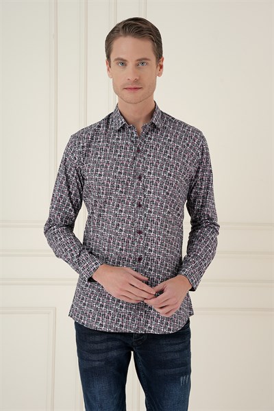 Slim Fit Baskılı %100 Pamuk Spor Gri Gömlek  G 1586