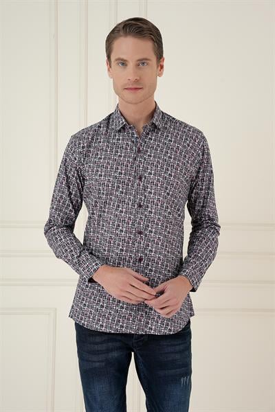 Slim Fit Baskılı %100 Pamuk Spor Gri Gömlek  G 1586