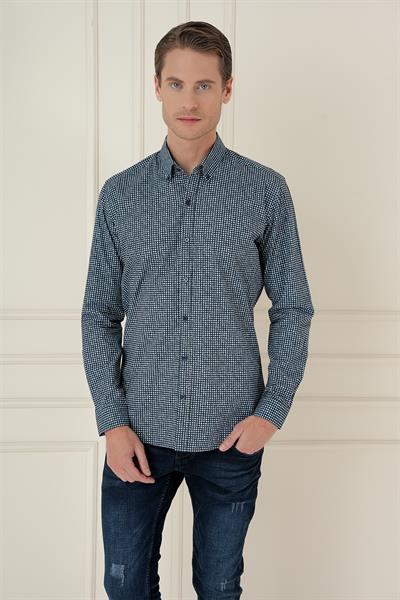 Slim Fit Baskılı %100 Pamuk Spor Lacivert Gömlek  G 1587