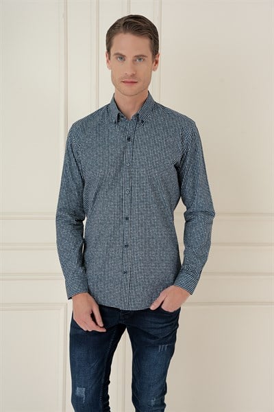 Slim Fit Baskılı %100 Pamuk Spor Lacivert Gömlek  G 1587