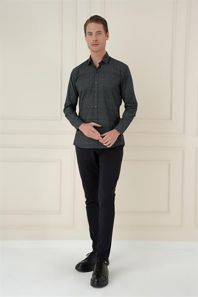 Slim Fit Baskılı %100 Pamuk Spor Lacivert Gömlek  G 1588