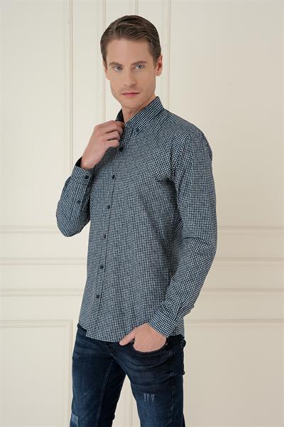 Slim Fit Baskılı %100 Pamuk Spor Lacivert Gömlek  G 1587