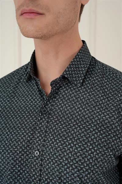 Slim Fit Baskılı %100 Pamuk Spor Lacivert Gömlek  G 1588