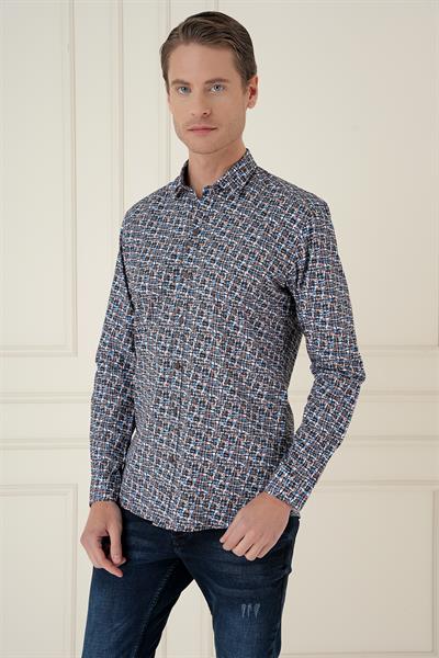 Slim Fit Baskılı %100 Pamuk Spor Mavi Gömlek  G 1586