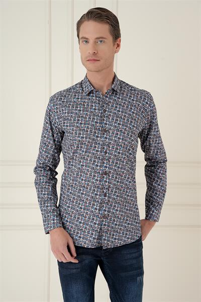 Slim Fit Baskılı %100 Pamuk Spor Mavi Gömlek  G 1586