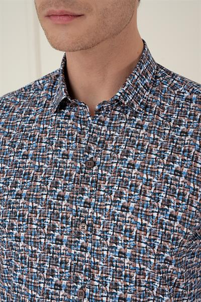 Slim Fit Baskılı %100 Pamuk Spor Mavi Gömlek  G 1586