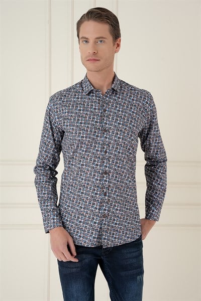 Slim Fit Baskılı %100 Pamuk Spor Mavi Gömlek  G 1586