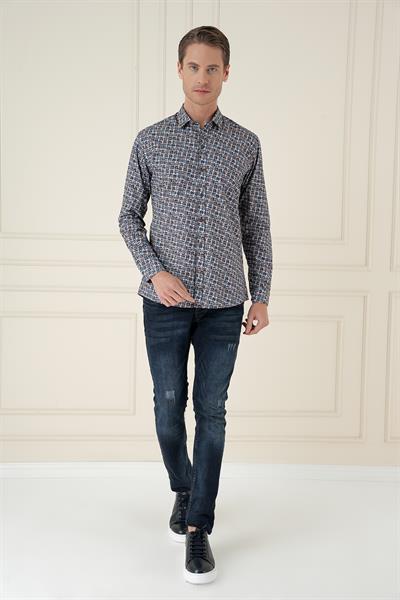 Slim Fit Baskılı %100 Pamuk Spor Mavi Gömlek  G 1586