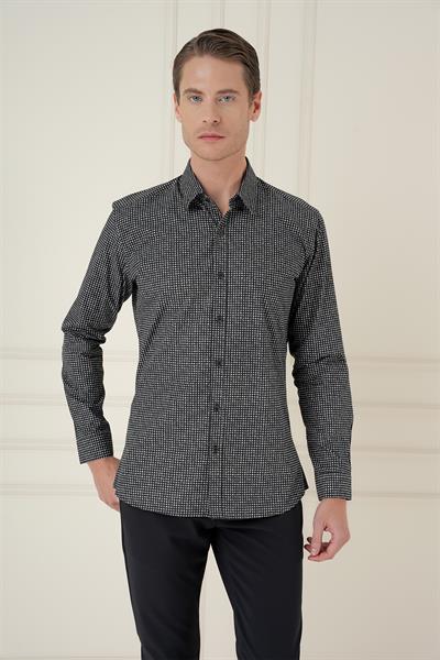 Slim Fit Baskılı %100 Pamuk Spor Siyah Gömlek  G 1587