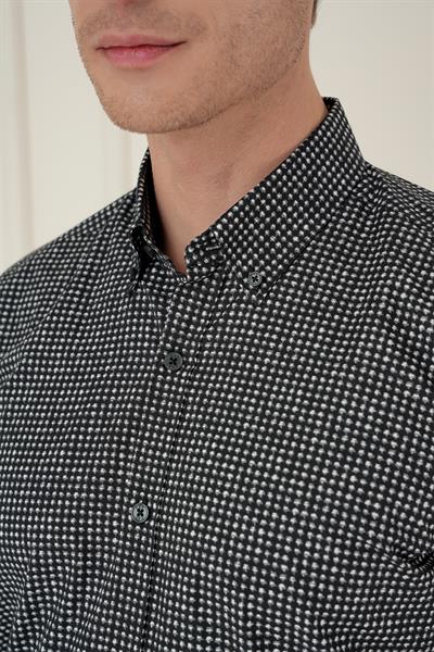 Slim Fit Baskılı %100 Pamuk Spor Siyah Gömlek  G 1587