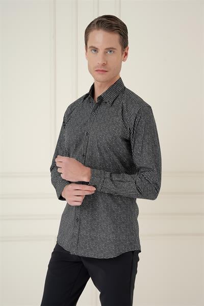 Slim Fit Baskılı %100 Pamuk Spor Siyah Gömlek  G 1587