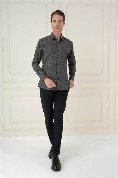 Slim Fit Baskılı %100 Pamuk Spor Siyah Gömlek  G 1587