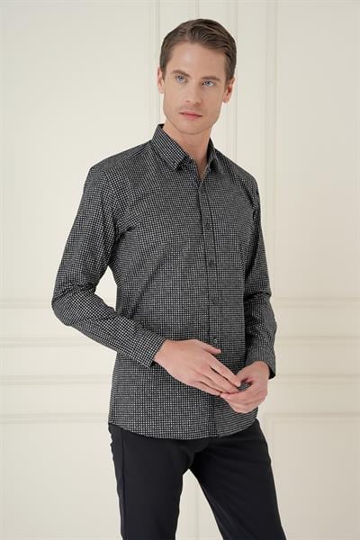 Slim Fit Baskılı %100 Pamuk Spor Siyah Gömlek  G 1587