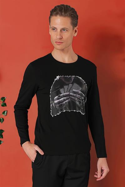 Slim Fit Baskılı Bisiklet Yaka Esnek Pamuk Siyah Tişört Ts 868