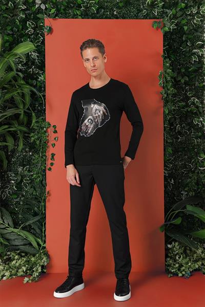 Slim Fit Baskılı Bisiklet Yaka Esnek Pamuk Siyah Tişört Ts 866