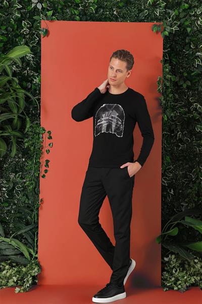 Slim Fit Baskılı Bisiklet Yaka Esnek Pamuk Siyah Tişört Ts 868