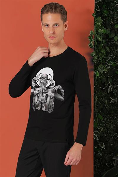 Slim Fit Baskılı Bisiklet Yaka Esnek Pamuk Siyah Tişört Ts 869
