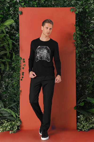 Slim Fit Baskılı Bisiklet Yaka Esnek Pamuk Siyah Tişört Ts 868
