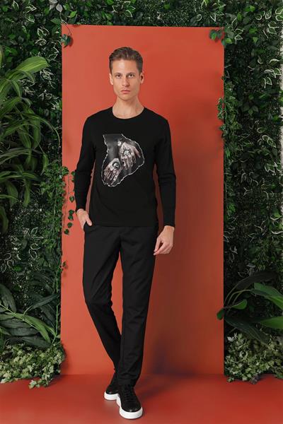 Slim Fit Baskılı Bisiklet Yaka Esnek Pamuk Siyah Tişört Ts 866