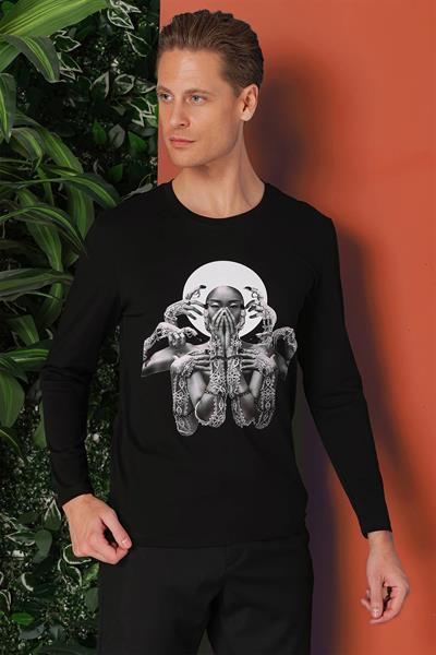 Slim Fit Baskılı Bisiklet Yaka Esnek Pamuk Siyah Tişört Ts 869