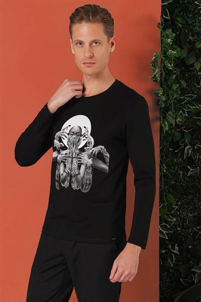 Slim Fit Baskılı Bisiklet Yaka Esnek Pamuk Siyah Tişört Ts 869