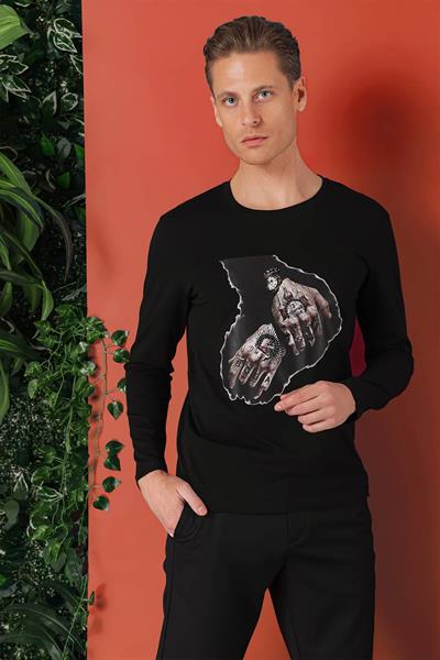 Slim Fit Baskılı Bisiklet Yaka Esnek Pamuk Siyah Tişört Ts 866
