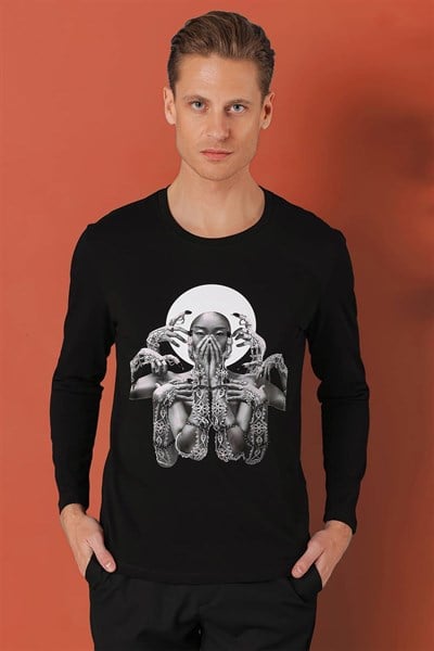 Slim Fit Baskılı Bisiklet Yaka Esnek Pamuk Siyah Tişört Ts 869